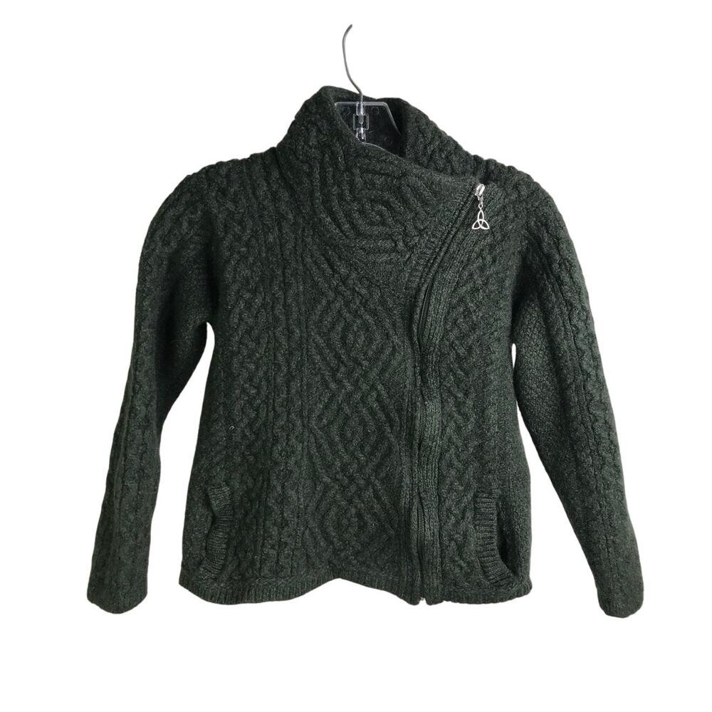 Arancrafts Sweater Womens Sz M Dark Green Asymmetrical Zip Chunky Wool Cardigan‎